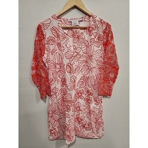 Gretchen Scott Tunic Coverup Dress Womens M White/Orange Floral‎ Print, V-neck